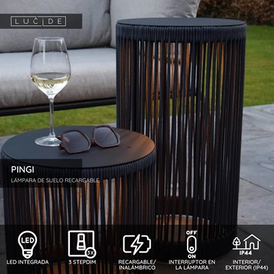 Lucide PINGI - Lámpara de suelo Recargable Dentro/Fuera - Batería/acumulador - Ø 33,5 cm - LED 3 StepDim - 1x3W 3000K - IP44 - Negro